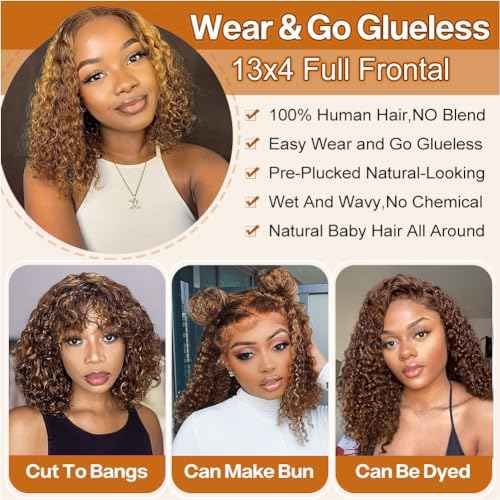 Curly Bob Wig Human Hair Deep Wave 13x4 HD Lace Front Wigs For Black Women Human Hair Pre Plucked Wear And Go Glueless Short Wet And Wavy Ombre Honey Blonde Highlight Color 4/27 12 Inch