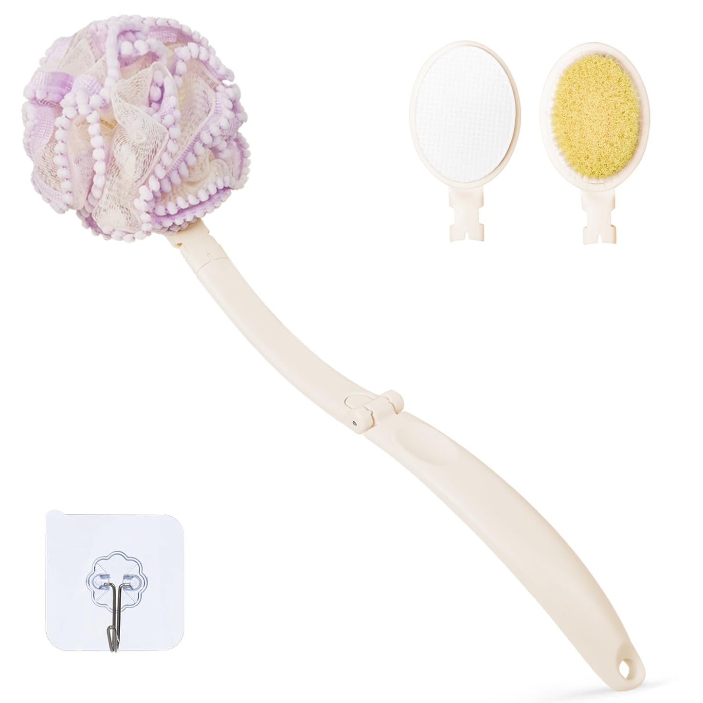 Topfinder Loofah Sponge with Handle,Back Scrubber Brush for Shower, Lotion Applicator for Back,3 in 1 Shower Kit (Purple loofah)