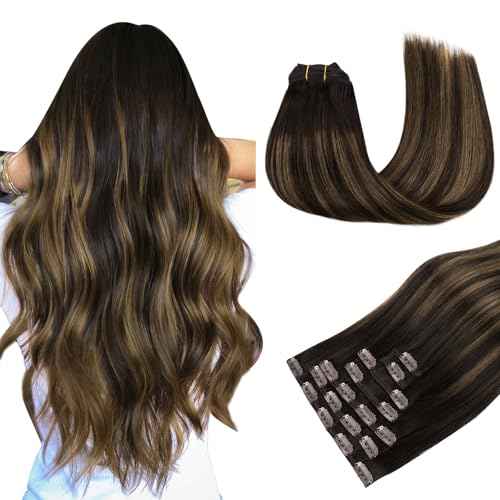 MAXITA Hair Extensions Clip in Human Hair, 120g 7pcs 16 Inch, Balayage Dark Brown Mixed Chestnut Brown Hair Extensions Real Human Hair Remy Natural Straight Hair for Woman