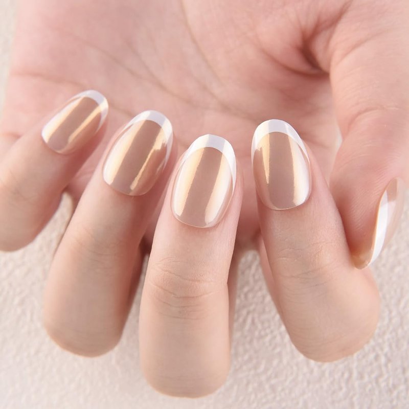 evpct French Tip Press On Nails Short Round Oval No Glue, Nude White Tips, Chrome Glazed Short Round Oval Fake False Press on Nails, Reusable Soft Stick on nail Press ons with Nail Kit, Salon-quality