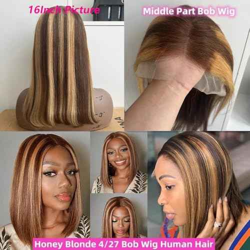 Highlight Lace Front Bob Wig Human Hair 16 Inch Ombre Honey Blonde 13x4 Hd Lace Front Wigs Human Hair Pre Plucked Middle Part 4/27 Colored Lace Frontal Wigs (Highlight 4/27, 16 Inch)