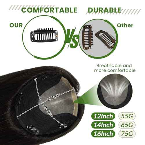 HAIR 14 Inch Hair Toppers for Women Real Human Hair Natural Black color 150 Density 6x7inch Silk Base 65 grams All Remy Human Hair Wiglets Hairpieces for Thinning Hair (#1B 14inch)