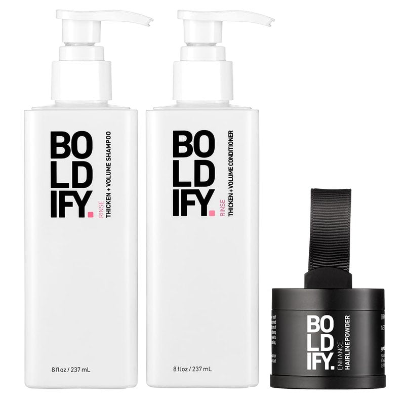 Boldify Hairline Powder Bundle - Root Touchup Hair Loss Powder with Natural Volumizing Shampoo & Conditioner for Fine Dark Brown Hair