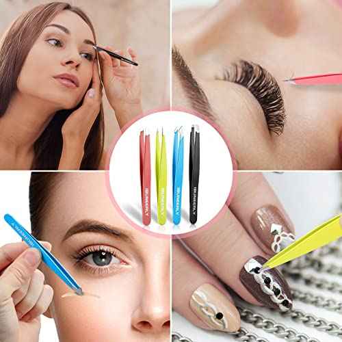 Eyebrows Tweezers Set, 4Pcs Stainless Steel Tweezers for Women with Travel Case, Great Precision for Ingrown Hair, Facial Hair and Splinter Removal