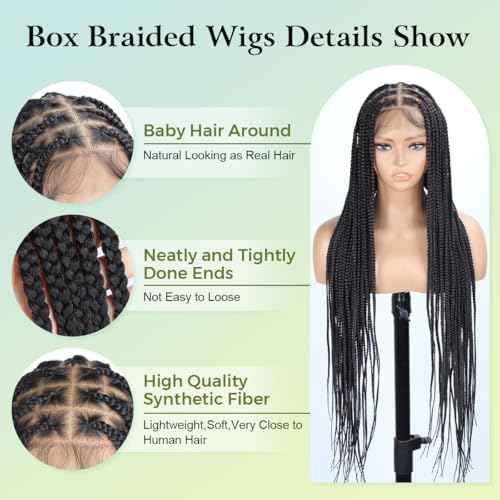 36 inch Single Full Lace Braided Wigs for Black Women, 360 HD Lace Knotless Box Braid Wigs with Baby Hair Black Synthetic Braid Wig