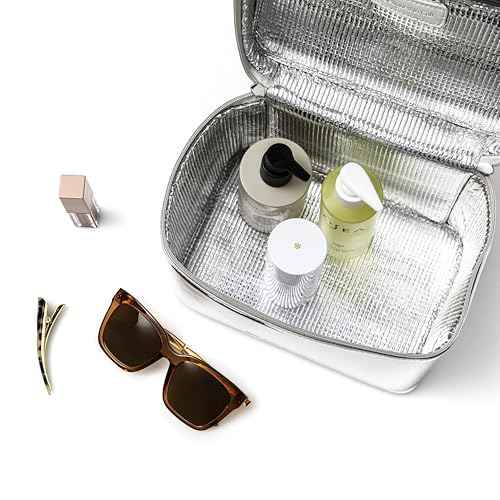 Stay Golden Metallic Silver Insulated Waterproof Makeup Bag for Women Heat-Resistant Travel Cosmetic & Toiletry Bag | Luxurious Vegan Leather Portable Makeup Organizer - Large