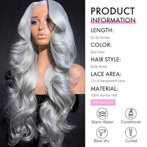 13x6 Grey Lace Front Wigs Human Hair Pre Plucked with Baby Hair 180 Density Glueless HD Transparent Lace Frontal Body Wave Wigs Human Hair for Black Women Silver Grey Colored Wig 22 Inch
