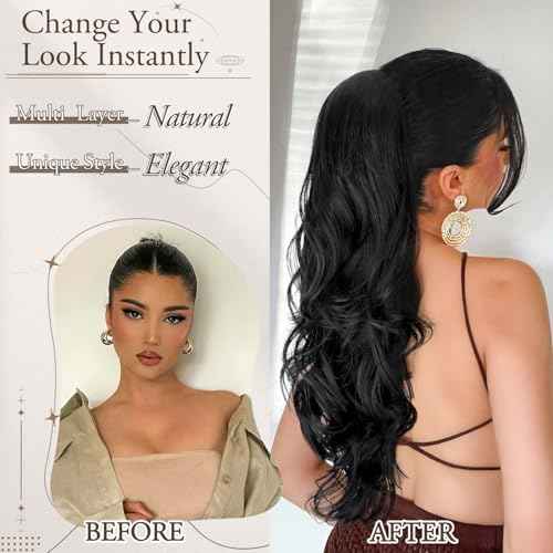 AISI BEAUTY Ponytail Extension 26 Inch Drawstring Ponytail Extension for Women Synthetic Long Black Wavy Layered Pony Tails Hair Extensions Clip in hairpieces fow Women