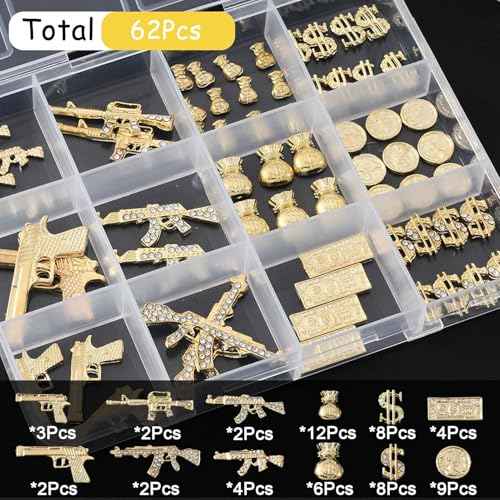 62PCS 3D Nail Charms for Alloy Nails,Set Nail Art Decoration with Gold Dollar, Gun, and Coin,Nail Stones and Jewels Accessories for Nail Supplies Manicure Craft DIY(Gold)
