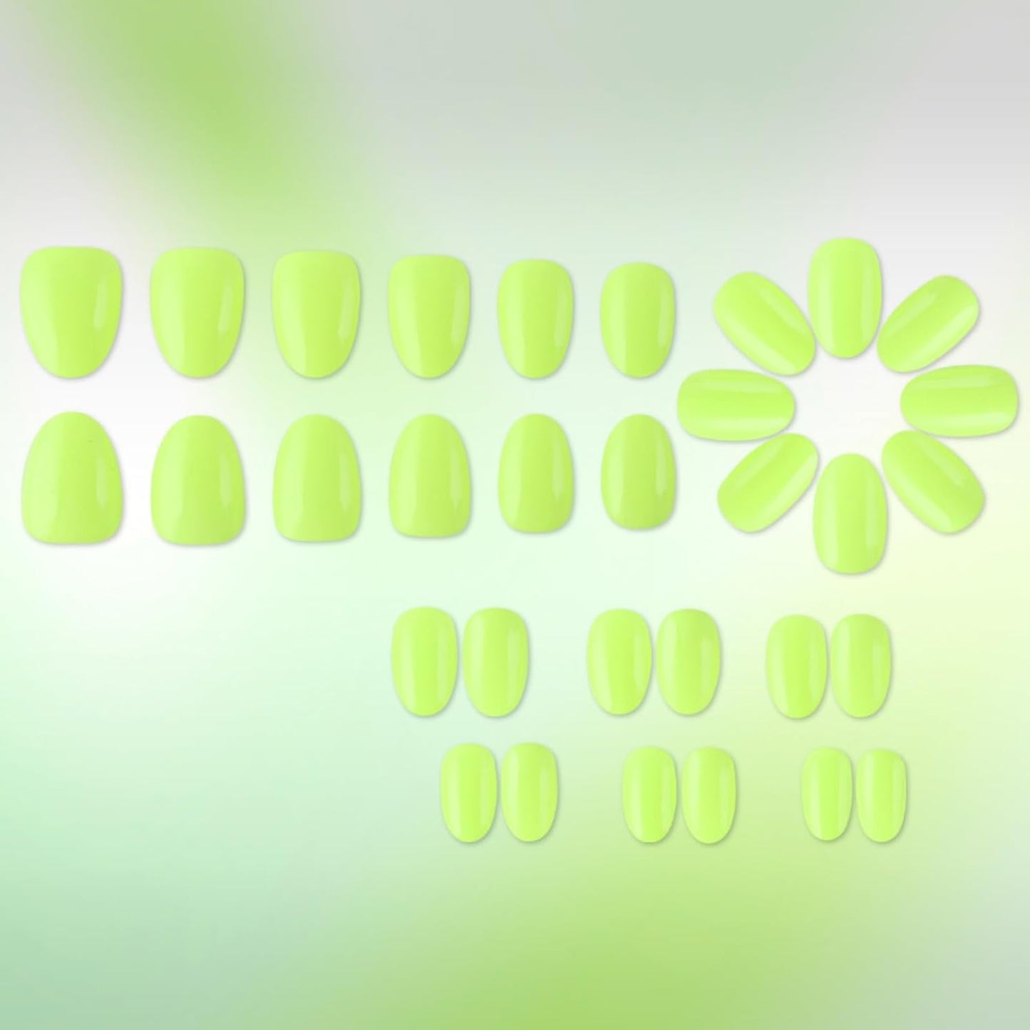 Skiennix Neon Green Press On Nails - Glossy Short Almond Full Cover | 32 Pcs for Stunning Manicures