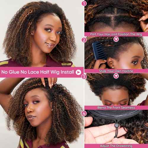 Ombre Highlight Brown Kinky Curly Half Wig Human Hair 1B 30 Curly 3 In 1 Seamless Flip Over Afro Curly Half Wig For Women 210% Density Glueless Wear and Ready to Go Drawstring Headband Wig 20 Inch
