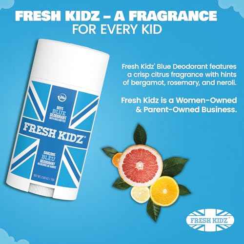 Fresh Kidz Deodorant Stick for Kids and Teens - Baking Soda and Aluminum-free 24 Hour Protection for Sensitive Skin - Boys "Blue", 2.65 oz / 75 g