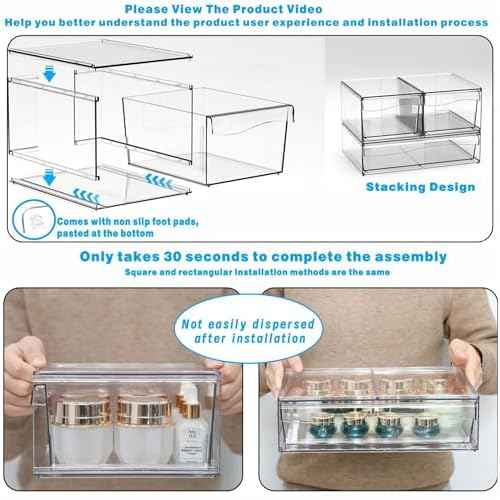 4 Pack Clear Stackable Storage Drawers,12"W Large Bathroom Makeup Organizer and Pen,Sunglass,Medicine,Baby Bottle Organizer,Plastic Pull Out Storage Bins for Desk,Under Cabinets,Vanity Countertop