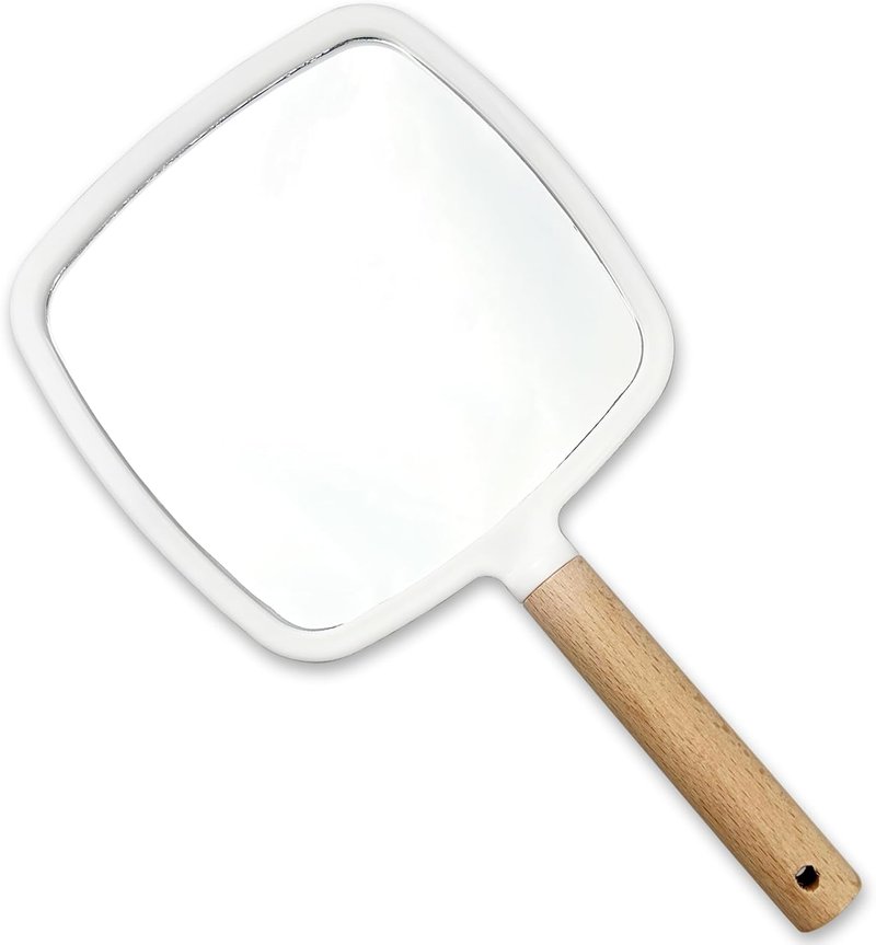 Handheld Makeup Mirror - Portable Wooden Handle Travel Mirror | Square Single-Sided Design for Men & Women