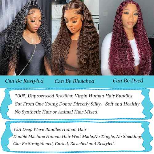 Great Grace 12A Deep Wave Human Hair Bundles 14 16 18 Inch Curly Bundles Human Hair 100% Unprocessed 3 Bundle Brazilian Virgin Human Hair Extensions Quick Weave Natural Black Color
