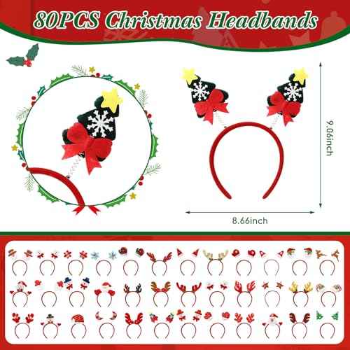 Giegxin 80 Pcs Christmas Headbands Holiday Headbands with Different Designs Christmas Accessories Xmas Head Hat Toppers Santa Reindeer Hair Hoop for Xmas Party Favors Decoration Adult Women