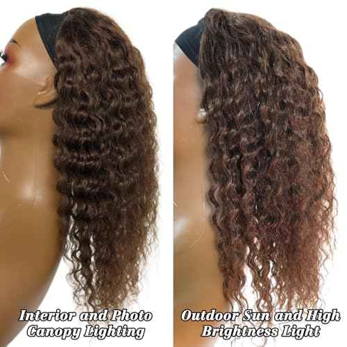 WENYAN Chocolate Brown Headband Wig Human Hair Deep Wave 18 Inch Curly Glueless Headband Wigs for Black Women None Lace Front Wigs Human Hair Brazilian Virgin Hair Wear and Go Wigs 150% Densitys