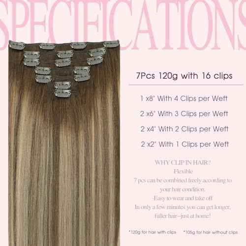 PINKPEARL Clip in Hair Extensions Human Hair, Remy Human Hair Clip ins for Women #4/27/4 Chocolate Brown to Caramel Blonde Balayage Clip Hair Extensions 7pcs 120g 18inch(#4/27/4-18)