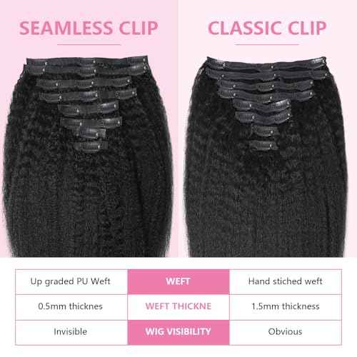 Seamless Clip In Hair Extensions Human Hair Invisible Pu Skin Weft Kinky Straight Seamless Clip Ins For Black Women Real Human Hair Extensions 8pcs With 18clips Per Set 120g (16inch,Natural Black)