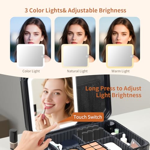 15"x11" Makeup Case with Lighted Mirror & Brush Holder - Waterproof Travel Organizer, Customizable Storage, Rechargeable LED Vanity for Women (black)