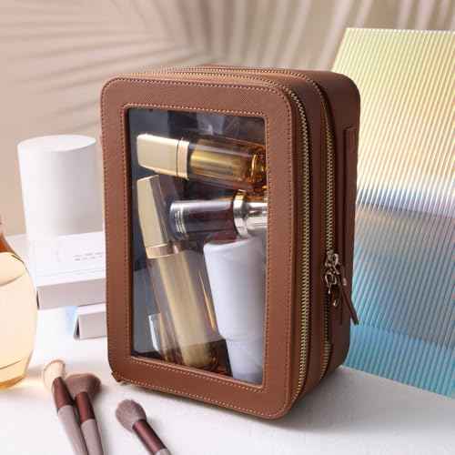 SANHECUN Clear Travel Toiletry bag Toiletry Case Carry on Travel Accessories Bag Makeup Bag Dimensions | LxWxH:9¡± x 6¡± x 4.2¡± (Brown, SHC-TL-2)