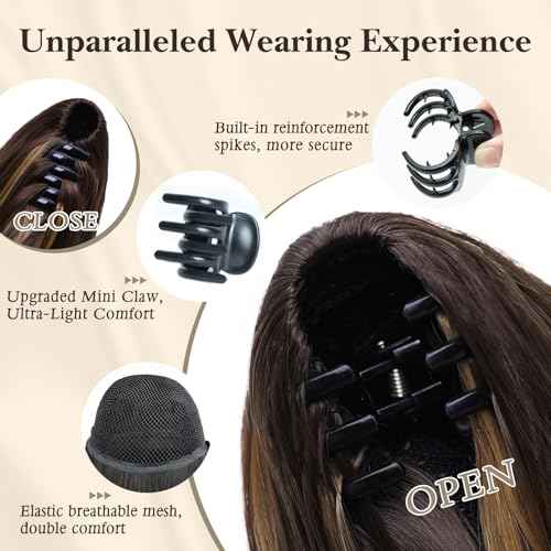 NAYOO Claw Clip Ponytail Extension Brown 18" Long Wavy Ponytail Clip in Hair Extensions for Women Curly Natural Layered Pony Tails for Short Thin Hair Synthetic Hairpiece(Dark Brown Mixed Chestnut)