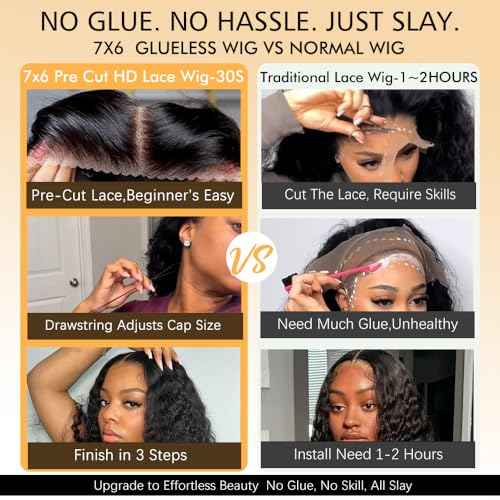 7x6 Deep Wave Glueless Wigs Human Hair Pre Plucked Pre Cut 250% Density Drawstring Wig Human Hair Wear and Go Glueless Wigs for Black Women Natural Color #1B 16 Inch