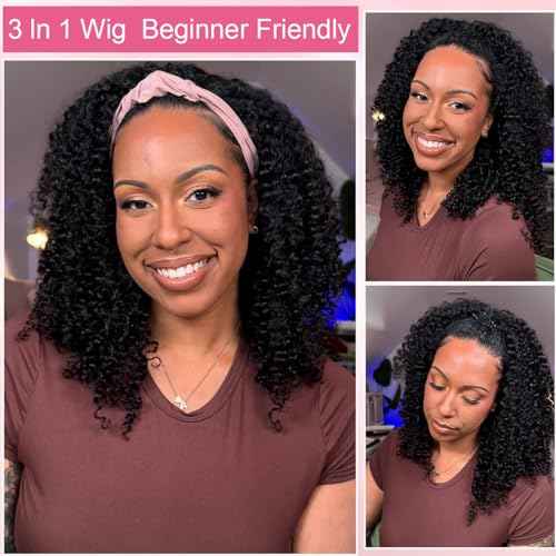 Curly Half Wig Human Hair Wear and Go Glueless Wigs Human Hair 200% Density Kinky Curly 3 In 1 Half Wigs for Women Drawstring Seamless Flip Headband Wig Beginner Friendly 22 Inch