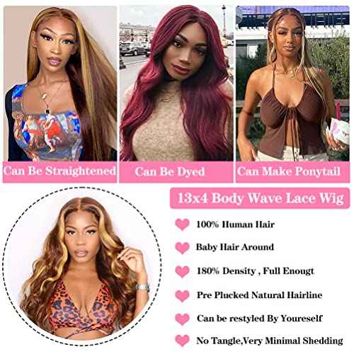 Highlight Ombre Lace Front Human Hair Wig - Pre Plucked 4/27 Brown Honey Blonde Body Wave - 13x4 HD Lace Frontal - 150% Density 24 Inch - For Black Women