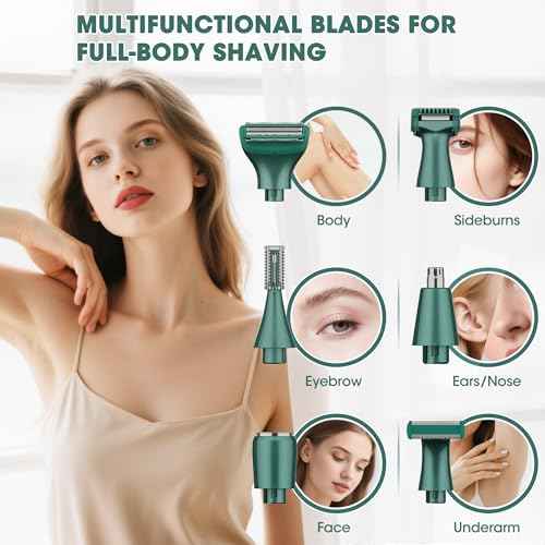 Karrte 6-in-1 Electric Razor for Women's Pubic Hair, Painless Body Shaver and Facial Epilator, Hair Removal for Face, Bikini Trimmer for Women's Private Area Green