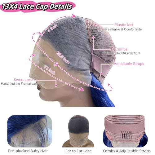 30 Inch Blue Lace Front Wigs Human Hair 13x4 HD Transparent Dark Blue Body Wave Human Hair Lace Front Wigs for Women 180 Density Pre Plcked Lace Frontal Colored Wig with Baby Hair