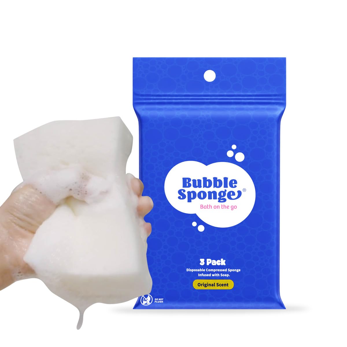 Bubble Sponge® Travel Sponge with Soap, 3-Ct. Disposable Compressed Bath Sponges Infused with Soap - Patent-Pending - No Rinse Shower Wipes - All-in-1 Single Use Bathing Sponges - Travel Essentials