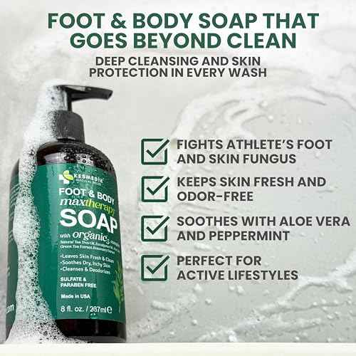Pure Tea Tree Oil Foot & Body Soap Wash with Peppermint, Deep Cleansing & Soothing, Antibacterial Antifungal Support for Itchy Skin, Ringworm, Athlete¡¯s Foot, Scabies & Demodex, 8 fl Oz