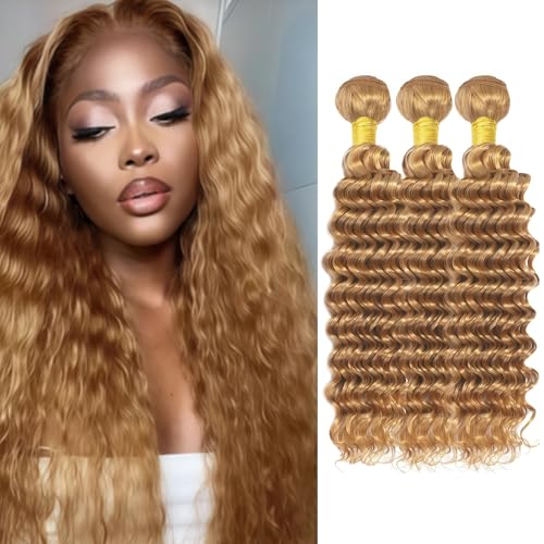 Blonde Deep Wave Human Hair Bundles 10 12 14 Inch Deep Wave Bundles Human Hair Extensions Double Weft Weave for Women 27 Color