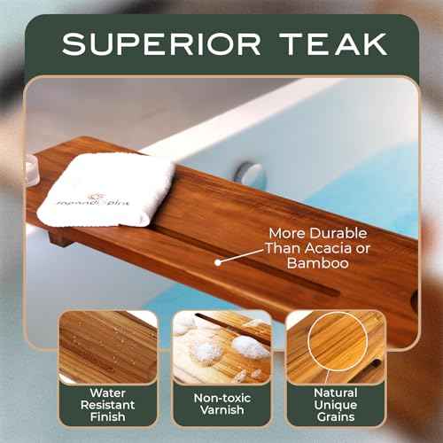 Grand Fjord | Teak Bathtub Tray for Large Soaking Tub | Extra Long 35¡± Luxury Bath Caddy for Freestanding Tubs | Minimalist Wooden Tub Tray with Candle Holders & Premium Towel by JapandiSpirit
