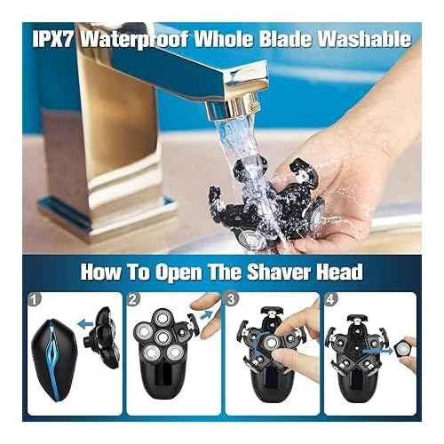Head Shaver for Bald Men, 6-in-1 Electric Shaver for Bald Head 6D Wet/Dry Waterproof Mens Electric Razor Head Shavers with Grooming Kit Cordless Rechargeable Face Head Shaving Rotary Shavers Blue