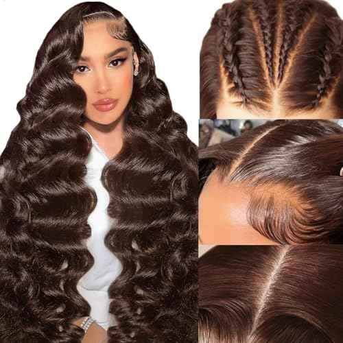 Chocolate Brown Lace Front Wig 220% Density Brown Wig Human Hair 13x6 Hd Lace Front Wigs Human Hair Pre Plucked with Baby Hair 28 Inch Brown Loose Body Wave Human Hair Wig for Women