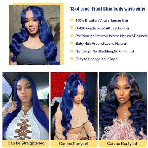 Blue Lace Front Wigs Human Hair Pre Plucked 180% Density Dark Blue Wig Human Hair Body Wave wear and Go Glueless Wigs for Women Navy Blue 13x4 HD Lace Frontal Wig Human Hair for Women 20 Inch