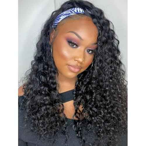 Water Wave Headband Wig Human Hair 18inch Curly Drawstring Headband Wigs Human Hair Wear and Go Glueless Wigs for Black Women Brazilian Virgin Hair 220 Density Natural Color