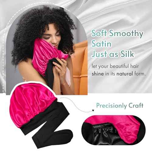 BONNET QUEEN Silk Bonnet for Sleeping Satin Bonnet with Tie Hair Wrap Double Layer Sleep Cap for Women Curly Hair, Black Hot Pink