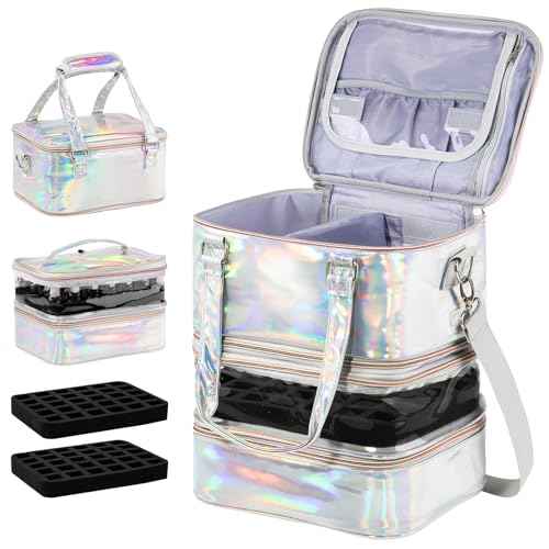Nail Polish Organizer Case, 3 Layers Removable Nail Polish Storage Bag Holds 60 Bottles and Nail Lamp with Shoulder Strap Portable Holographic PU Leather Nail Kit Storage for Manicure Tools (Silver)