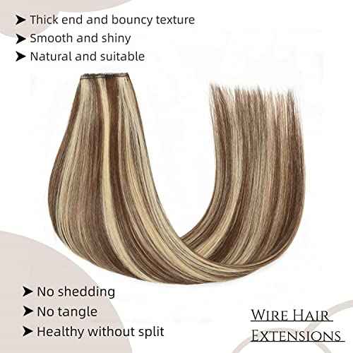 Invisible Wire Extensions Clip in Hair Extensions with Fish Line 20inch Wire Hair Extensions Real Human Hair 100g Ombre Highlights Brown to Blonde #4/613