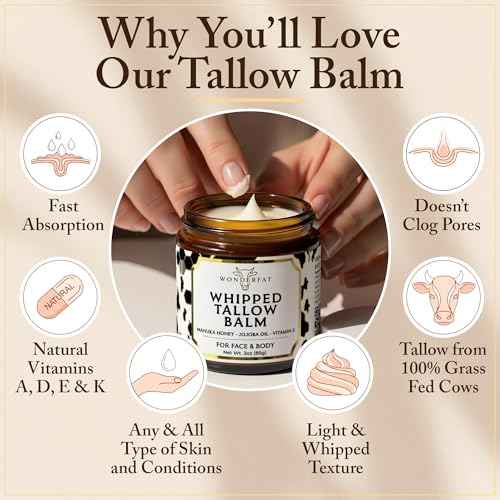 Beef Tallow for Skin & Face ? Whipped Tallow & Honey Balm ? 100% Grass Fed Tallow Face Moisturizer with Mango Butter, Jojoba Oil, Vitamin E ? Organic Beef Tallow Balm for Dry Skin & Wrinkles ? 3 oz