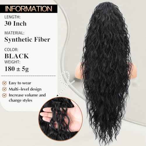 Ponytail Extension, Claw Clip Ponytail Extension Long Black Curly Clip in Pony Tails Hair Extensions 30 Inch Synthetic Layered Fluffy Hairpieces for Women