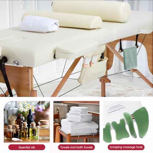 FDW Massage Bed Portable Massage Table 24 inch Wide Lash Bed 2 Folding Height Adjustable Spa Tables Foldable with Towel Hanger Oil Pouch Half Bolster Round Bolster Non-Woven Bag