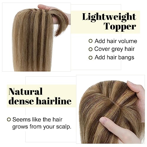 SEGO Hair Toppers for Women With Bangs Real Human Hair, 130% Density 10 * 12CM Silk Base Clip in Top Wiglet Hairpieces for Thinning Hair-6 Inch 4P27 Medium Brown&Dark Blonde