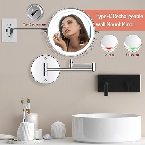 Rocollos Rechargeable Wall Mounted Lighted Makeup Mirror, 8 Inch Double-Sided LED Vanity Mirror 1X/7X Magnification,3 Color Lights Touch Screen Dimmable 360¡ÆSwivel 13 Inch Extendable