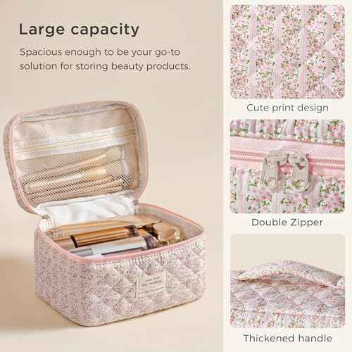 HBselect Quilted Makeup Bag, Cotton Large Travel Makeup Bag, Cute Streaks Floral Coquette Cosmetic Bags Toiletry Bags for Women Girls