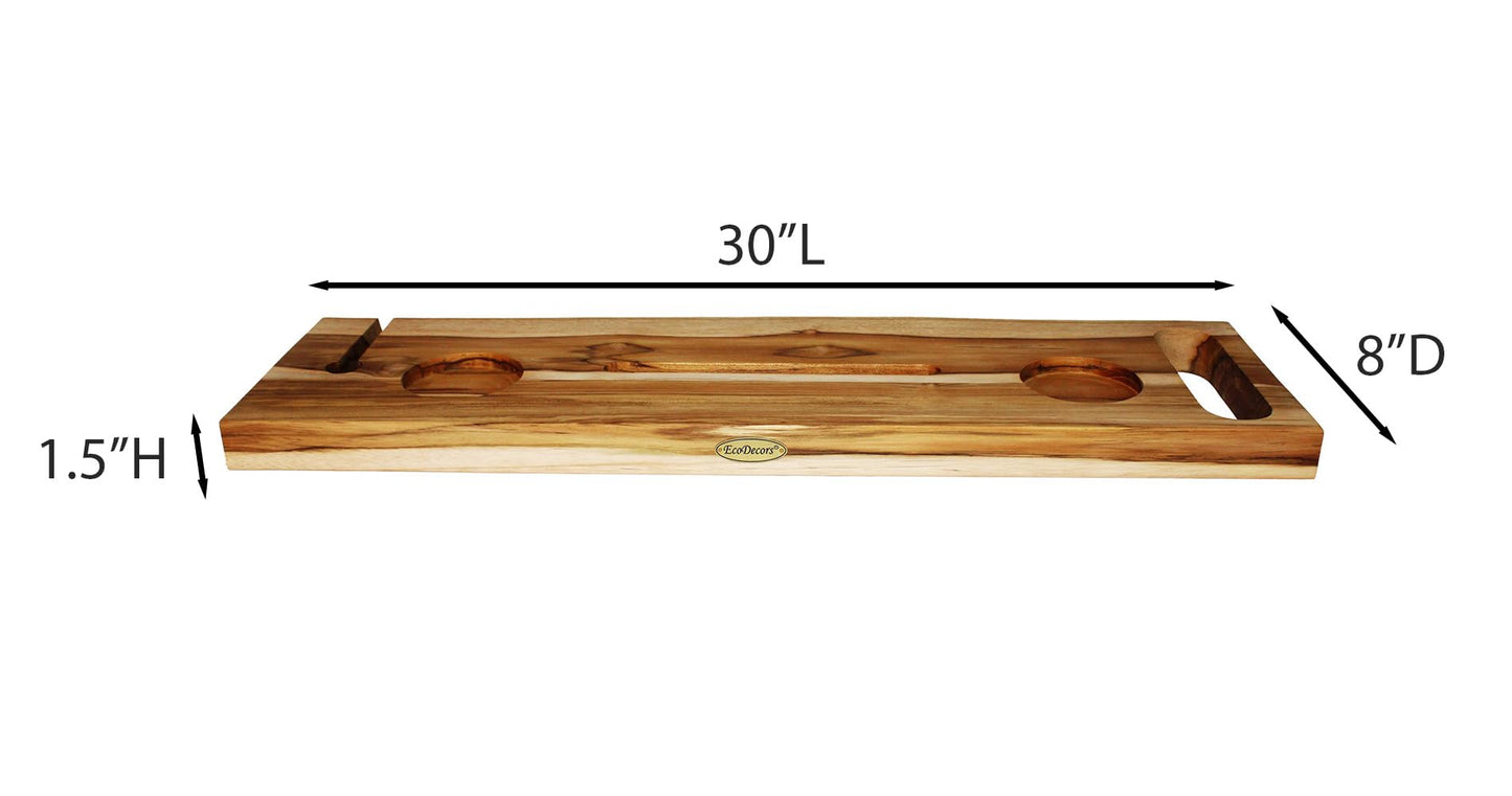 EcoDecors Eleganto 30" Live Edge Solid Teak Bath Caddy Tray with Handle, Book & Tablet Holder, Wine Glass Holders, Luxury Bathtub Tray