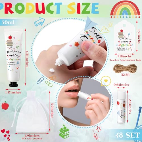 48 Set Appreciation Teacher Gifts Bulk Lip Balm Hand Cream Thank You Gift with Cards Organza Bags Travel Size Moisturizing Hand Lotion for Back to School Appreciation Teacher Gifts